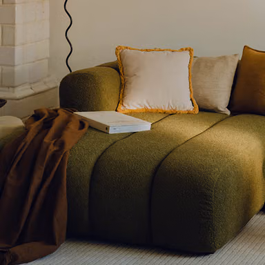 Micadoni Neo 2-seater sofa in grey bouclé, boxy design, styled living room